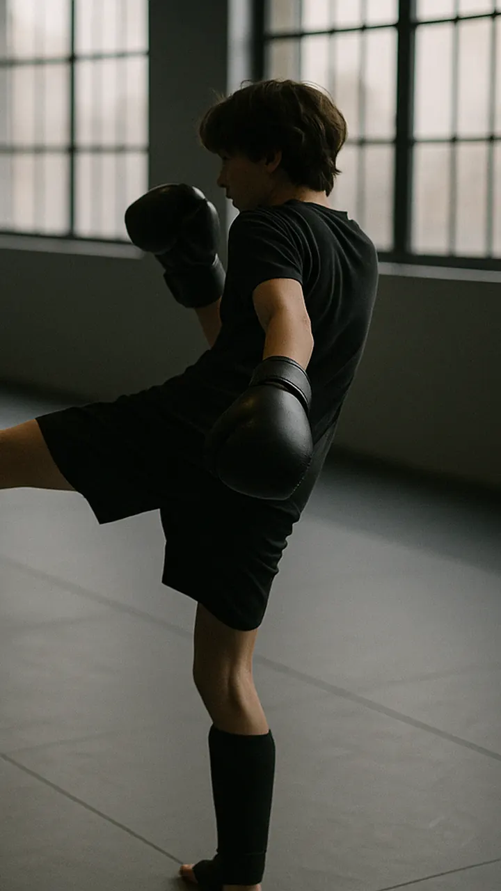 A teenager mid kick during a kickboxing class